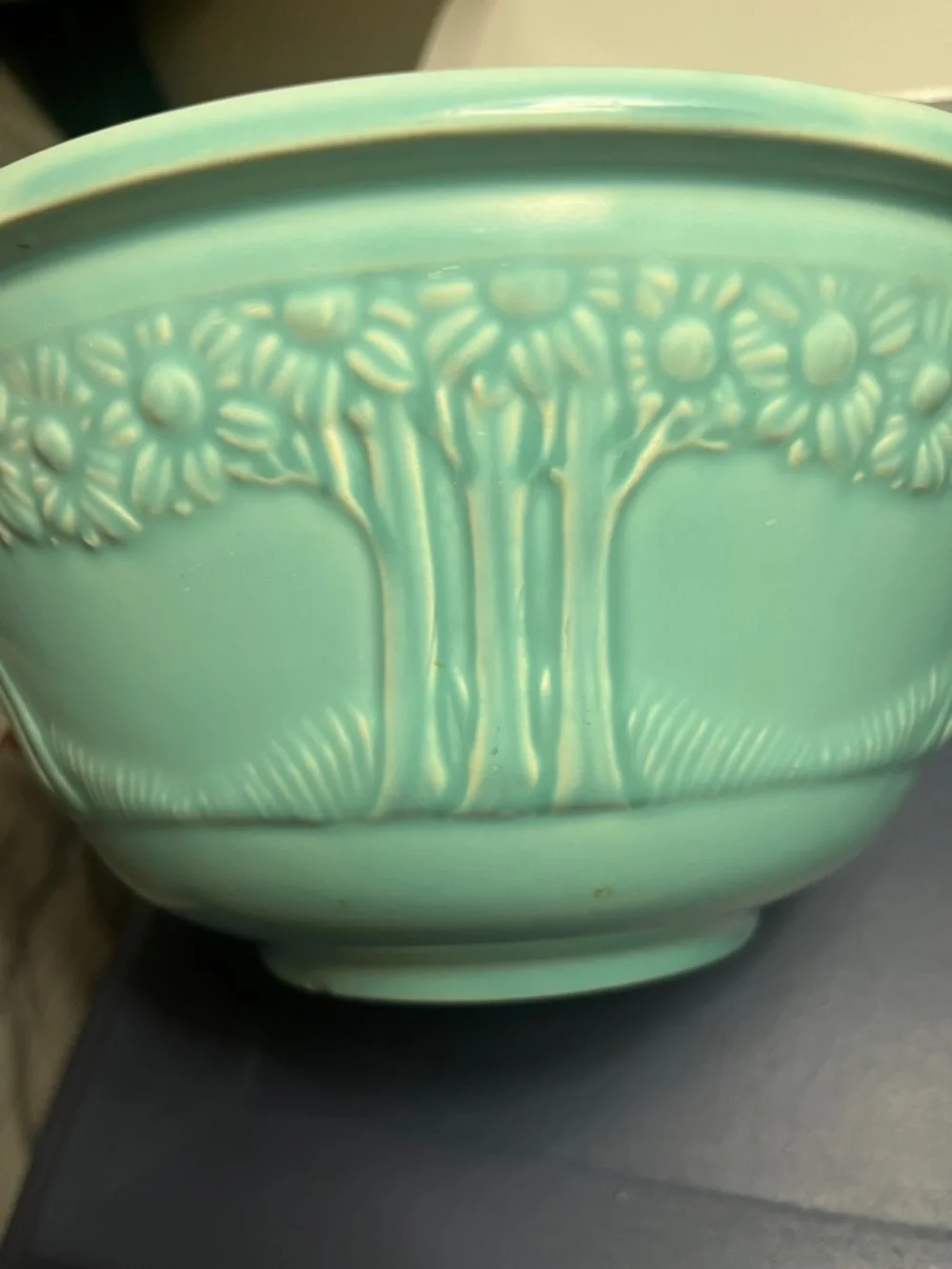 Vintage Homer Laughlin aqua/teal mixing bowl with Apple Tree pattern
